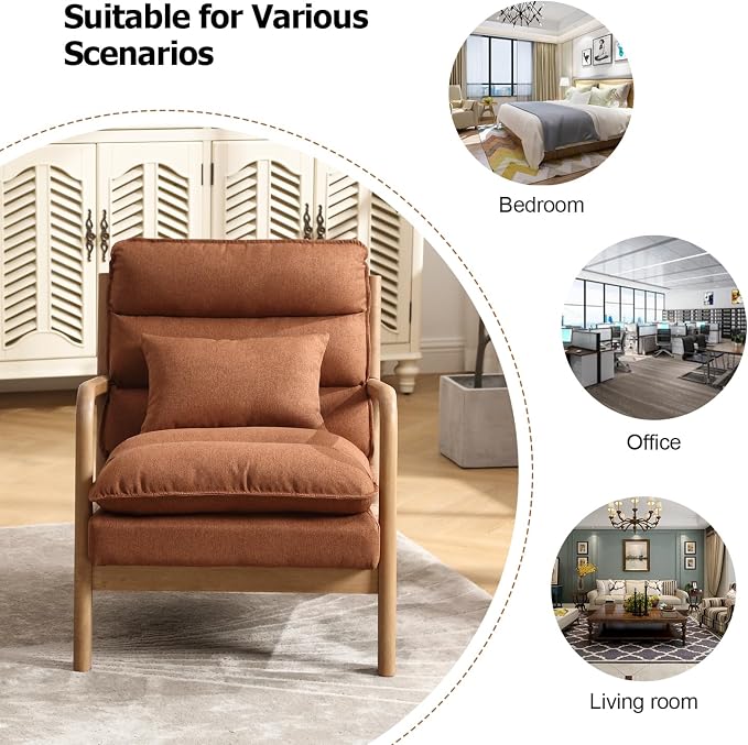 INZOY Mid Century Modern Accent Chair with Wood Frame, Upholstered Reading Armchair with Waist Cushion, Double Padded Accent Chair, Side Chair for Living Room Bedroom Office, Easy Assembly, Brown