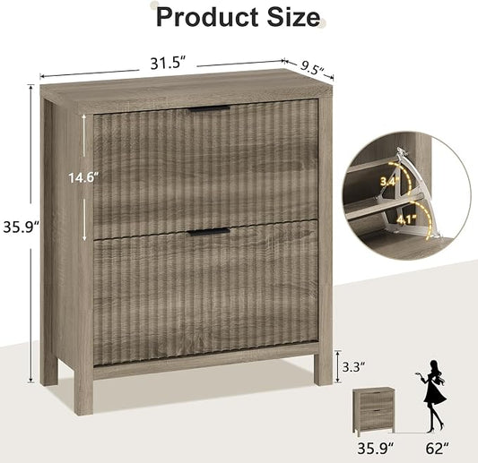 YOMILUVE Shoe Cabinet Storage for Entryway, Fluted Shoe Cabinet with 2 Flip Drawers, Hidden Shoe Rack Tall Freestanding Shoe Organizer with Legs for Hallway, Gray