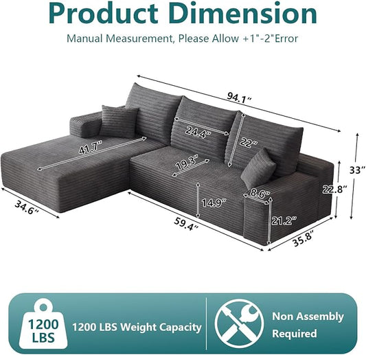 95" Modular Sectional Couch, Boneless L Shaped Cloud Sofa with Chaise Lounge, Corduroy Upholstered Couches Memory Foam Deep Seat, No Assembly Required, Ideal for Living Room(Dark Gray, Left Facing)