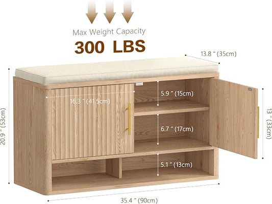 Fluted Shoe Storage Bench with Cushion, Entryway Bench with Adjustable Shelves and Open Bottom Shelf, Hidden Shoe Cabinet Storage for Entryway, Hallway, Living Room, Bedroom, Natural Oak