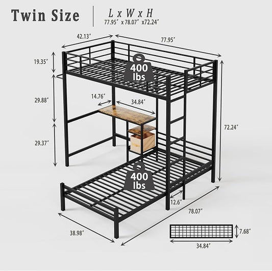 Bellemave Twin Over Twin bunk beds with Desk, loft Bed with Desk and Shelves Drawer, Twin Metal Bunk Beds with Storage, Black