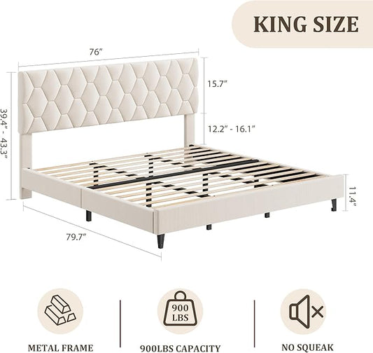 GAOMON Beige King Bed Frame with Upholstered Headboard, Heavy-Duty Platform Bed Frame with Strong Wood Slats, No Box Spring Needed/Noise Free/Easy Assembly