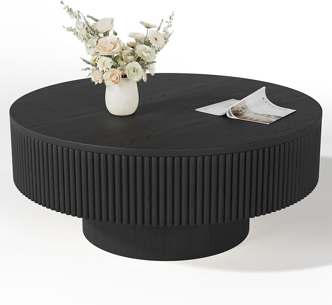 YOUDENOVA 31.5” Round Fluted Coffee Table, Modern Wood Circle Coffee Table, Veneer Handcrafted Relief Tea Table with Sturdy Pedestal for Living Room,Easy Assembly - Black
