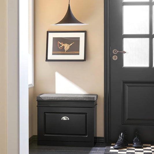 SoBuy Tiny Shoe Storage Bench, Narrow Shoe Cabinet for Entryway, Small Shoe Rack with Cushion&2 Tiers Flip-Drawer, Closet Hallway Mudroom White FSR82-K-SCH