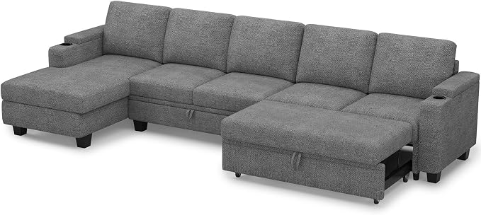 Belffin Modular Sectional Sleeper Sofa Bed with Storage Chaise L Shaped Sectional Couches for Living Room Armrest with Cup Holder. Light Gery Couch