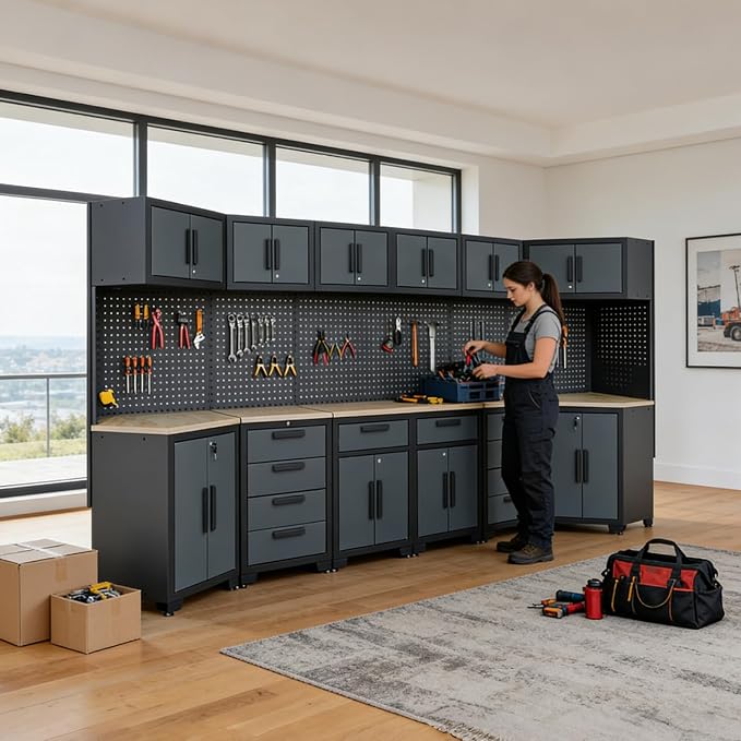 Garage Storage Cabinet System,2×8Pcs Garage Cabinets and Storage System Corner Workshop Set with Corner Cabinet, Cabinet Drawers, Workbench, Pegboard for Tool Organization, Black and Grey