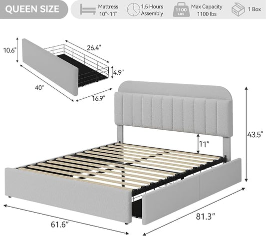 IDEALHOUSE Queen Bed Frame with 2 Flexible Drawers and Bookcase Headboard, Boucle Upholstered Platform Bed for Boys/Girls, Noise-Free, Easy Assembly, No Box Spring Needed, Gray