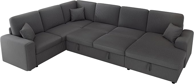 VanAcc 130" Sofa Bed, Sectional Sleeper Sofa with Pull Out Bed, Sleeper Couch for Living Room, 6 Seater Couch with Storage, Corduroy Grey
