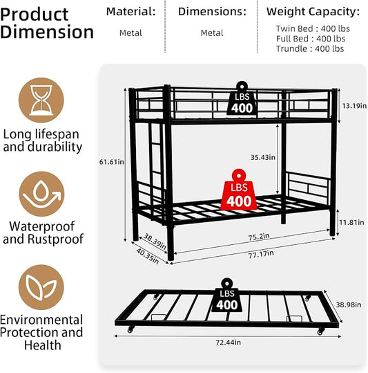 Livavege Detachable Bunk Bed Twin Over Twin with Trundle, Heavy Duty Bunk Beds for 3 Kids/Teens/Adults with Safety Guardrails & Ladder, Space Saving 3 Metal Bed Frame for Bedroom, Dorm, Black