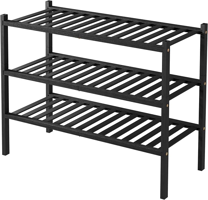 ROMGUAR CRAFT 3 Tier Bamboo Shoe Rack for Closet Free Standing Wood Shoe Shelf Storage Organizer for Entryway Small Space Stackable 27"x11"x20" (Black)