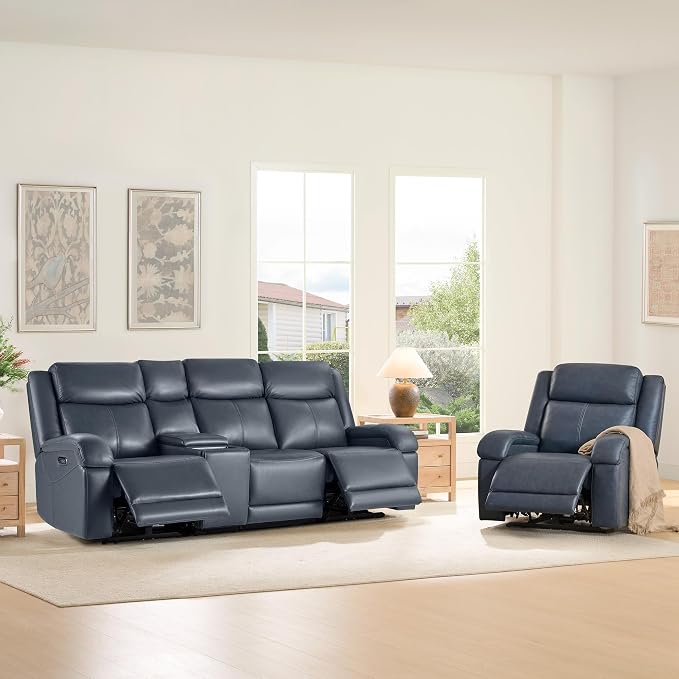 Watson & Whitely Genuine Leather Power Recliner Sofa, 3 Seater Wall Hugger Reclining Sofas with Storage Console, Power Headrest, USB, Electric Recliner Couch Set for Living Room, Navy Blue