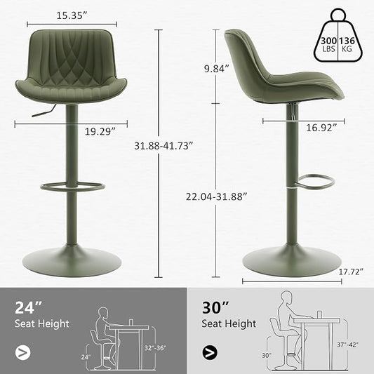 YOUTASTE Bar Stools Set of 2, Adjustable Swivel Counter Height Barstools with Back, All Olive Green Faux Leather Upholstered Bar Chairs with Metal Base, Stools for Kitchen Island or Home Bar