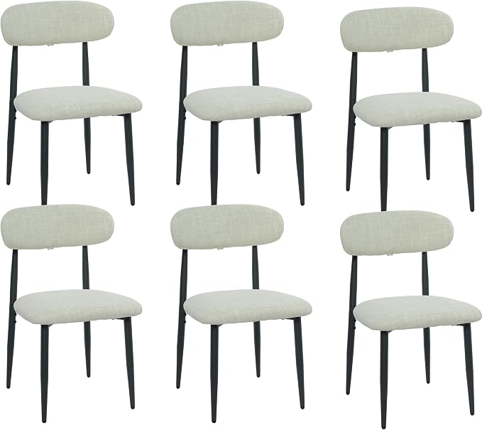 FREKEN Modern Upholstered Dining Chairs Set of 6, Mid-Century Metal Frame Linen Fabric Side Chair for Kitchen Dining Room, 350lbs Capacity, Beige