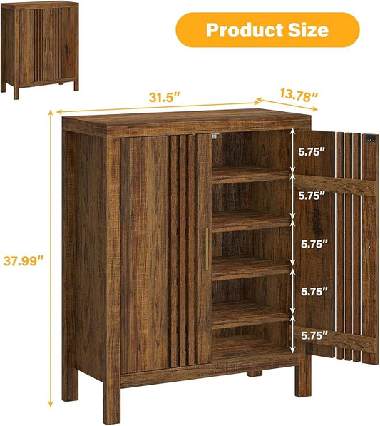 UNIQUITE Wooden Shoes Cabinet with Adjustable Shelves, Retro Freestanding Shoe Organizer Cabinet for Entryway Hallway Living Room, 5-Tier Shoe Cabinet with Doors for 20 Pairs, Dark Walnut