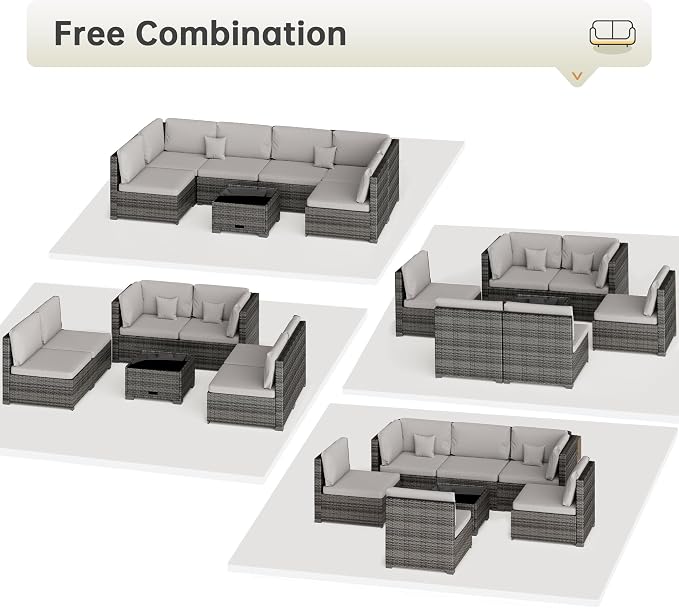 LHBcraft 7 Piece Patio Outdoor Furniture Set, Outdoor Sectional, All-Weather Hand-Woven Wicker Patio Sectional Sofa, Rattan Outside Furniture with Grey Cushion and Glass Coffee Table