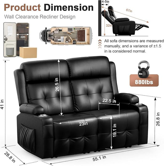 Reclining Loveseat, 55.1" RV PU Leather Wall Hugger Recliner Love Seats Sofa with Charging Station, Removable Armrest, Cup Holder, Double Recliners Couch, Manual Love Seat for Living Room