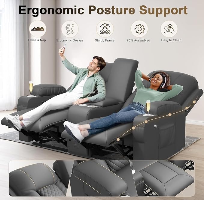 YONISEE Large Loveseat Recliner, Loveseat Recliner Sofa with Storage Console, Recliner Chair with USB Ports, 2 Cell Phone Holders, Cup Holder, Loveseat Couch for Living Room (Dark Gray)