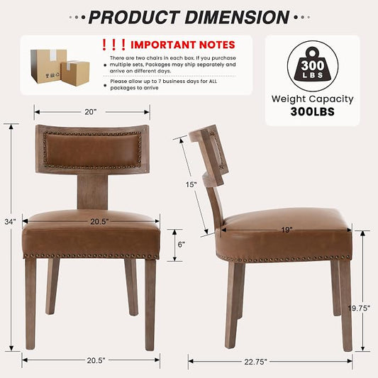 HNY Mid Century Modern Dining Chairs Set of 2, Farmhouse PU Leather Upholstered Accent Chairs Curved Nailhead Trim Backrest Kitchen Chairs, with Hardwood Frame, Brown