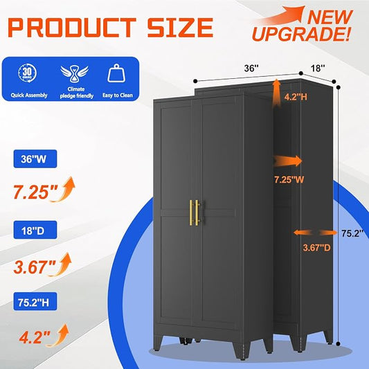 GAIOUS 75'' Tall Metal Garage Storage Cabinet, File Cabinet with 2 Doors and 5 Adjustable Shelves, Black Outdoor Steel Tool Cabinets for Home Office,Warehouse,Garage