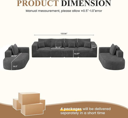 Living Room Furniture Sets,Modern U Shaped Modular Sectional Sofa,Convertible Cloud Couches for Living Room,Comfy 4 Seater with 2 Chaise Furniture Set, Boneless Couch Sofa,1 PCS