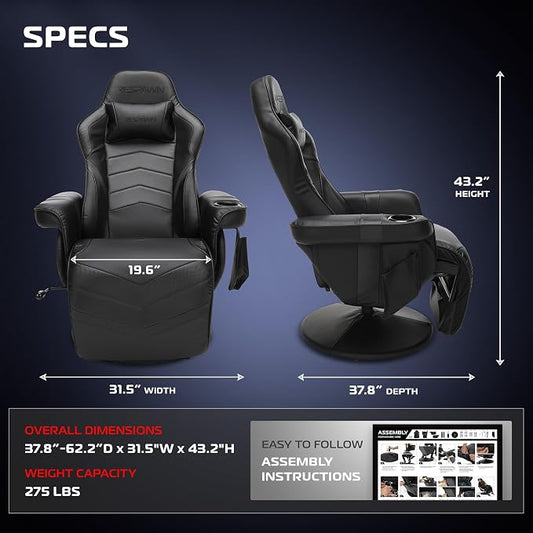 Respawn 900 Console Gaming Recliner with Footrest and Lumbar Support - Comfortable Ergonomic Gaming Chair with Headrest, No Wheels, Reclining, Heavy Duty, Racing Style Video Game Chairs - Black