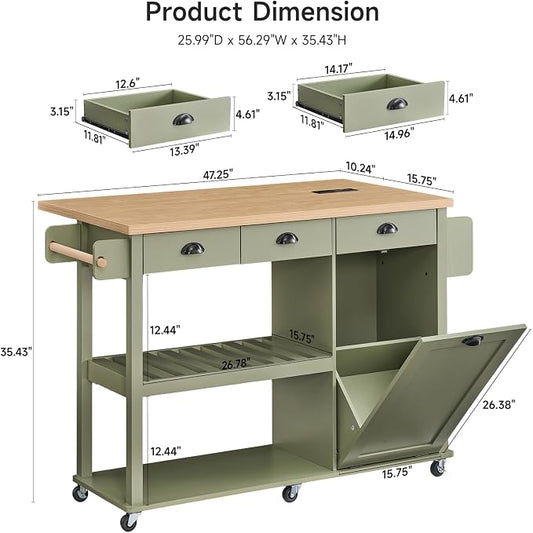 ONBRILL 56" Kitchen Island with Drop Leaf, Rolling Kitchen Cart with Trash Cabinet, Power Outlet, 2-Tier Open Shelves, 3 Drawers, Spice & Paper Towel Racks, 6 Wheels (4 Locking) for Dining Room, Green