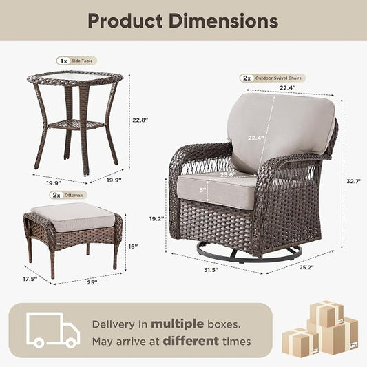 Belord Wicker Swivel Rocker Patio Chairs with Ottoman, All-Weather Wicker Outdoor Furniture Set, 5 Piece Patio Conversation Furniture Set,Beige