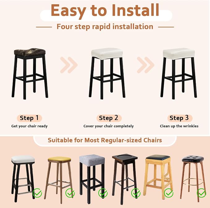 PU Leather Bar Stool Covers Rectangular, 100% Waterproof Stool Covers Rectangle Super Stretch 20% Thicker Leather Saddle Stools Cover Rectangular Counter Bar Stools with Elastic Band (6 PCS, Cream)