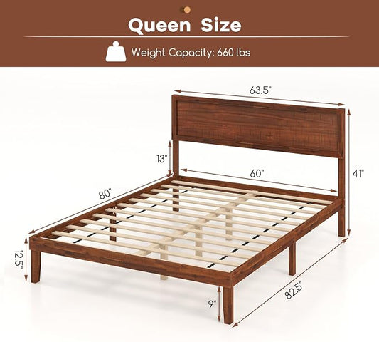KOMFOTT Queen Size Wood Bed Frame with Headboard, Solid Acacia Wood Platform Bed Frame, Wooden Slats Supported Bed Base with Under-Bed Storage Space, No Box Spring Needed, Wood Queen Bed (Brown,Queen)