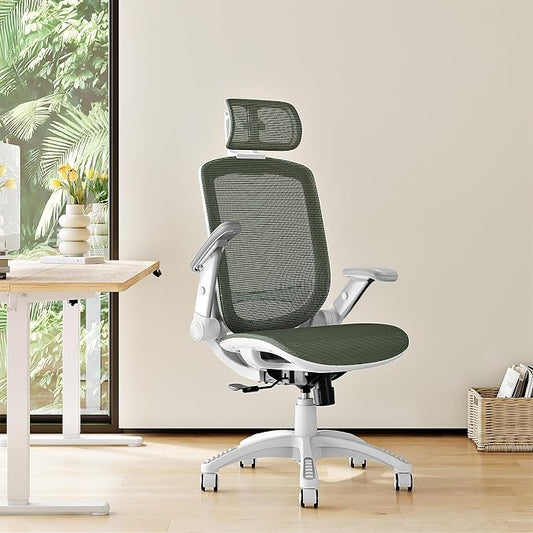 GABRYLLY Ergonomic Office Chair, High Back Home Desk Chair with Headrest, Flip-Up Arms, 90-120° Tilt Lock and Wide Cushion, 300LBS Mesh Chairs for Man Woman, White Task Chair(Olive Green,GY01WOG)