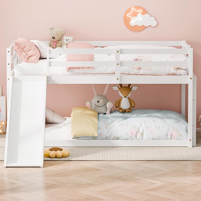 Bunk Bed with Slide, Wooden Bed Frame for Kids, Low Loft Bunk Bed Twin Over Twin with Ladders, Safety Guardrails for Kids, Toddlers, Boys, Girls, Teens, Bedroom (White)