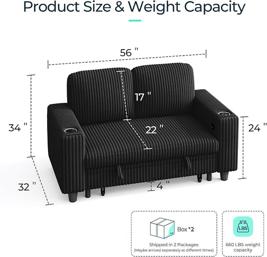 LINSY HOME Loveseat Sofa with Storage - Comfy Plush Corduroy 2 Seater Sofa with USB Charging & Cup Holders, Deep Seat Love Seat for Small Spaces Living Room Bedroom Apartment, Black