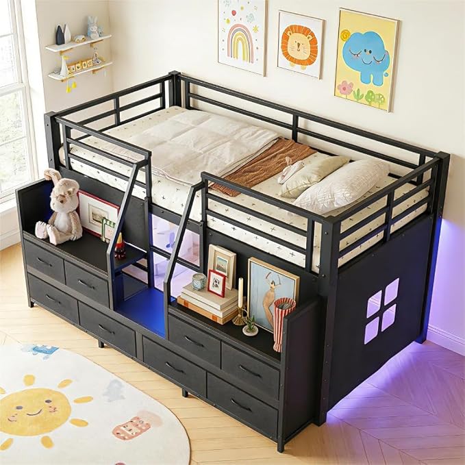 Bellemave Low Loft Bed Twin Size with Storage Shelves & Fabric Drawers, Metal Twin Loft Bed for Kids with LED Lights & Under-Bed Play Area, Low Loft Bed Frame for Bedroom, No Box Spring Needed, Black
