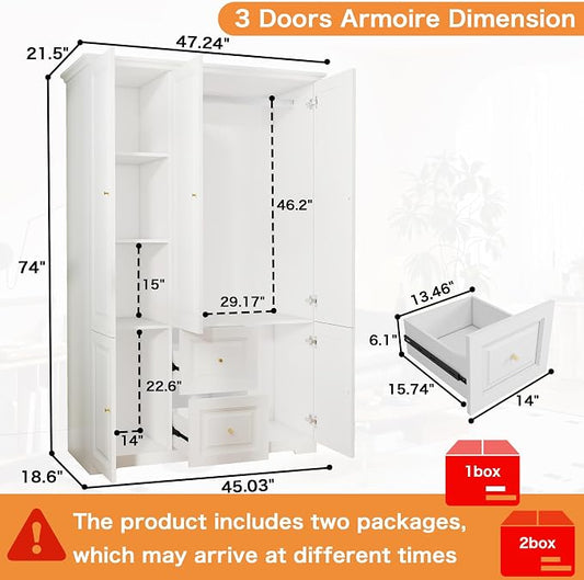 Armoire Wardrobe Closet with Drawers: Large White Wardrobe Closet with 3 Doors and 2 Drawers, Wooden Bedroom Armoires Storage Cabinet with Hanging Rod and Shelves (47")