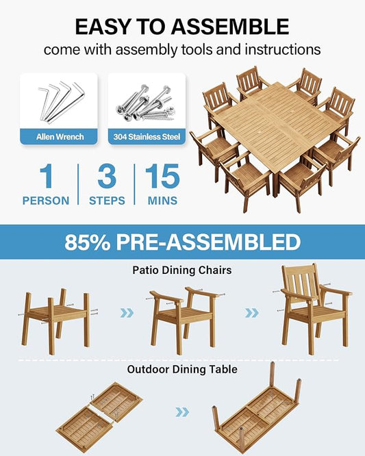 YEFU HIPS Patio Table Set: 10 Piece Outdoor Table and Chairs Dining Furniture Set with Umbrella Hole - Teak Modern Plastic Dining Sets 8 Person for Outside Deck with Metal Aluminum Frame