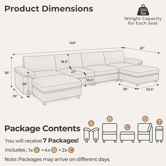 SITJOY Large Cloud Couch, 149" Wide 4 Seater U Shape, Faux Leather in White | Pet-Friendly Scratch-Resistant Leather Sectional Sofas for Living Room, Deep Seat Wide Couch with Chaise, Storage Ottoman