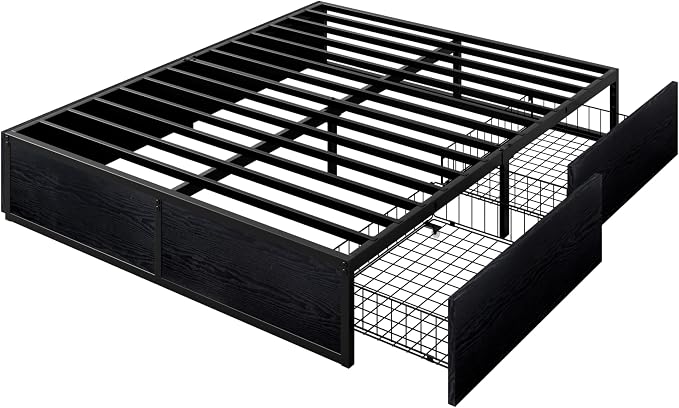 Allewie Queen Size Metal Bed Frame with 2 Storage Drawers, Heavy-Duty Steel Frame with MDF Wood Panels, Flexible Drawer Placement, Easy Assembly, Noise-Free Support, Black
