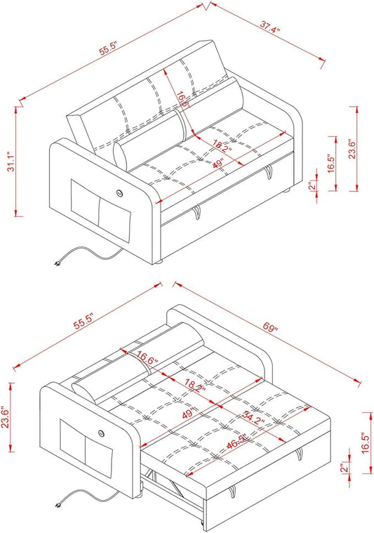 55.5" Velvet Convertible Sofa Bed, Pull Out Sleeper Sofa Bed, Loveseat Couch with USB Charging Ports, 3 in 1 Convertible Sleeper Sofa Bed for Living Room, Apartment, Bedroom, RV, Khaki