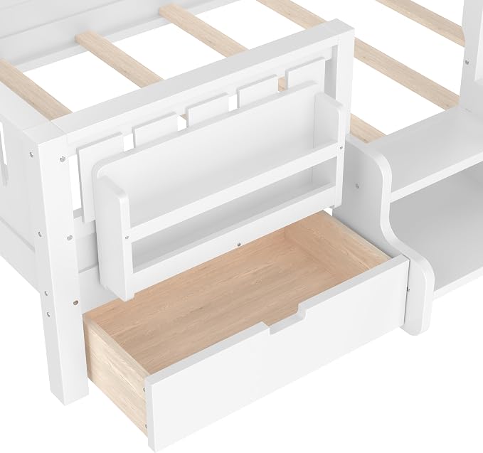 Bellemave Twin Size Kids Bed with high Rails and with Built-in Bookshelf and Drawers for Kids, Girls, Boys, Wood Montessori Bed Without Door, White