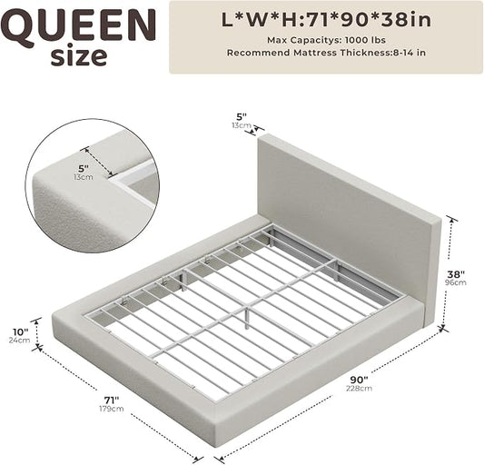RECCI AirFrame Queen Bed Frame with Headboard, Cloud Upholstered Platform Bed Frame, 5 Inch Foam Cushioned, No Box Spring, Easy Assembly(Cream Boucle)