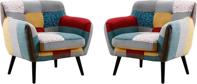 Bonzy Home Modern Accent Chair Set of 2 for Living Room, Colorful Boho Linen Fabric Upholstered Armchair with Wood Legs, 2 Single Chairs