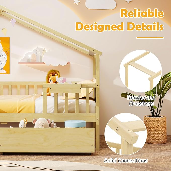 Giantex Twin House Bed with Drawers, Wooden Twin Bed Frame with Cube Storage & Fence Rails, Montessori Beds for Kids Boys, Girls, Bedroom, Living Room, No Box Spring Needed, Natural