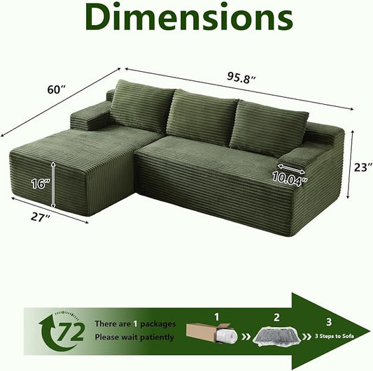 96" Modular Sectional Sofa, Modern Corduroy Cloud Couch, Boneless Couch Upholstered 3-Seater L-Shaped Sofa for Living Room, No Assembly Required (Green, Left-Facing Chaise)