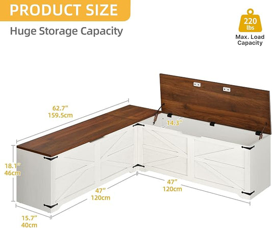 DWVO L-Shaped Storage Bench, 18" High Corner Dining Bench with Safety Hinges, Wooden Nook Chest for Living Room, Bedroom | Corner L-shaped design, slow-close safety hinges, hidden storage, fits living room bedroom dining nook, easy to assemble