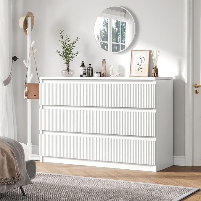 Jocoevol 6 Drawer Fluted Dresser, Modern Chest of Drawers for Bedroom with Hidden Handles, Wood Storage Organizer Cabinet for Living Room & Entryway, White (15.7" D x 47.3" W x 31.6" H)