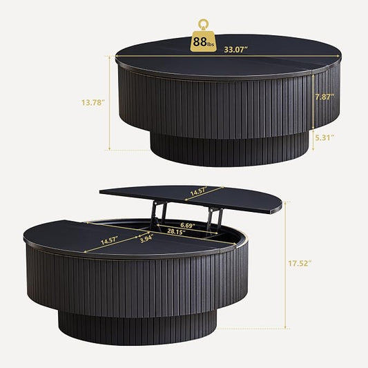 33" Round Coffee Table with Lift-Top & Flip-Top Storage, Modern Accent Fluted Coffee Tables with Metal Frame, Wooden Circle Center Table for Living Room Small Space Apartment Office (Black)