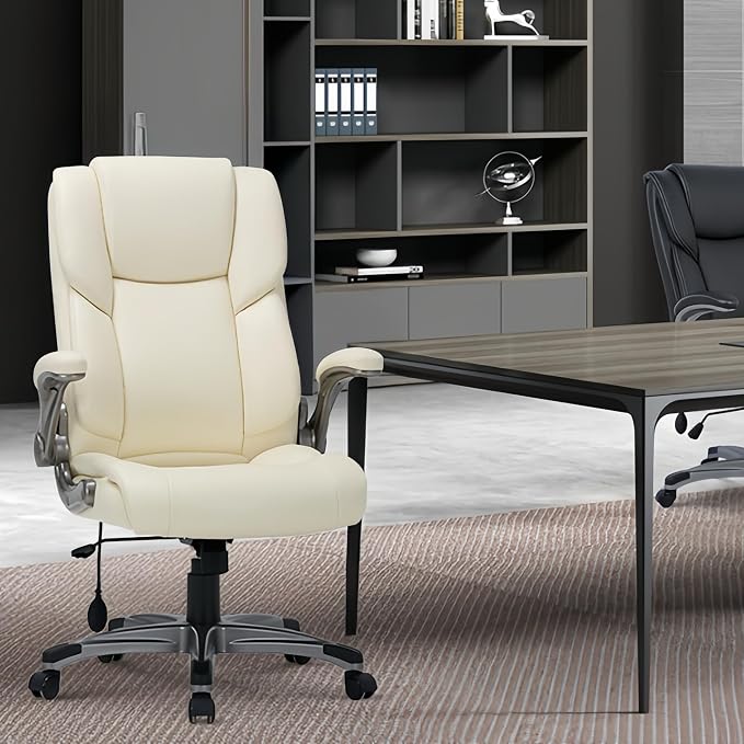 COLAMY Leather Executive Office Chair- High Back Home Computer Desk Chair with Padded Flip-up Arms, Adjustable Tilt Lock, Swivel Rolling Ergonomic Chair for Adult Working Study-Lvory, Set of 2