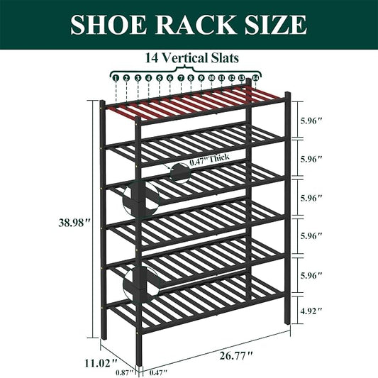 Smiry Bamboo Shoe Rack, 6 Tier Free Standing Wooden Shoe Organizer, Stackable Wood Shoe Storage Shelf for Closet, Entryway, 12 Vertical Slats, 2+2+2 Stack Standard Legs, 26.8"x11"x39", Black