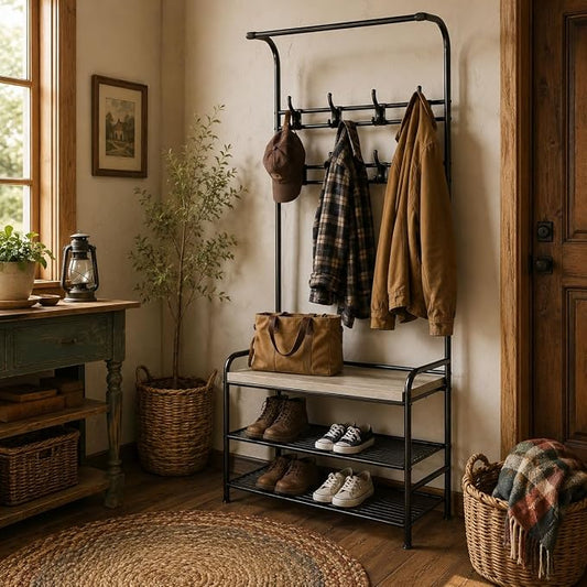 OUTLANE Hall Tree Shoe Bench for Entryway, Hall Tree with Bench and Shoe Storage, 4-in-1 Coat Rack Storage Bench with 8 Hooks, Freestanding Entryway Organizer for Hallway, Bedroom, Small Spaces, Grey