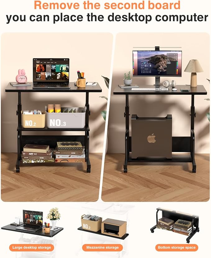 QZMDSM Portable Rolling Desk on Wheels Adjustable Height Desks for Small Spaces, 32" Computer Desk Drafting Tables with Storage Shelves for Home Office Black